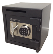 A versatile and compact front loading deposit safe with heavy duty locking components.